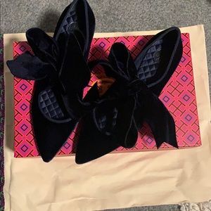 Tory Burch dark navy blue velvet bow tie flats